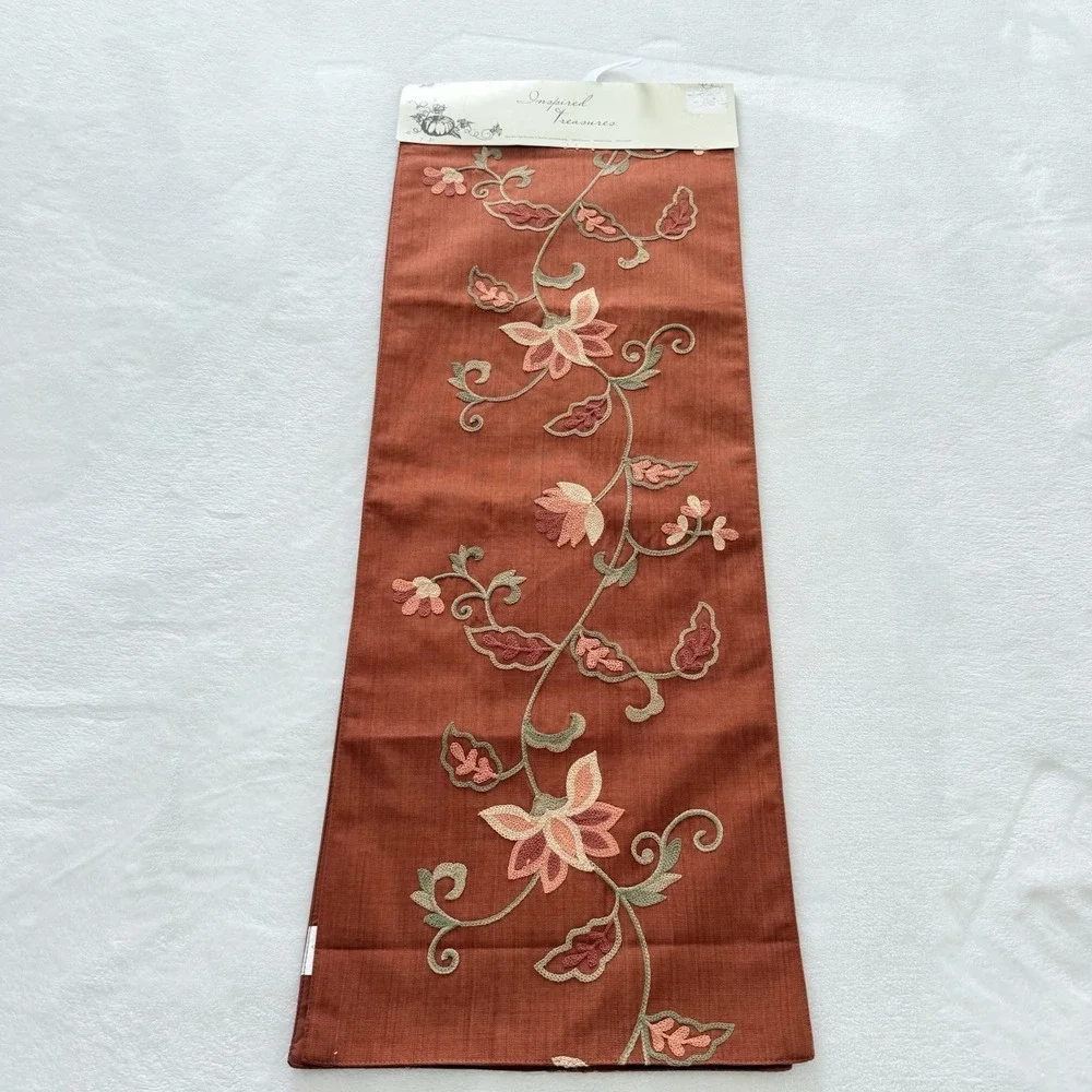 Inspired Treasures Fall Table Runner 13x72 Burnt Orange Floral Embroidered NWT